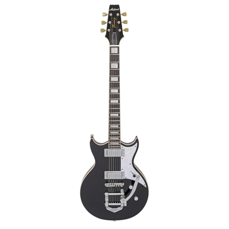 Black electric guitar on a white background