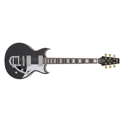 Black electric guitar on a white background