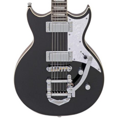 Black electric guitar with chrome details on a white background