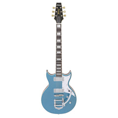 Blue electric guitar on a white background