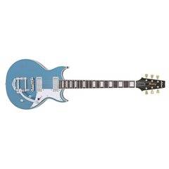 Electric guitar with a blue body on a white background