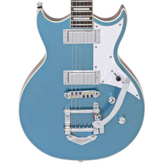 Blue electric guitar with a white pickguard on a white background