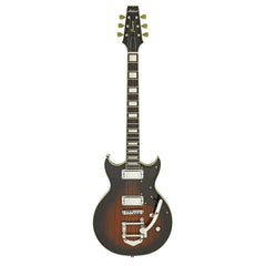 Electric guitar with a brown sunburst finish on a white background