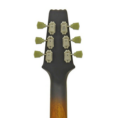 Close-up of a guitar headstock with tuning pegs on a white background