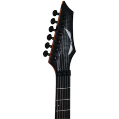 Black electric guitar neck with headstock on a white background
