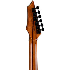 Close-up of a guitar headstock with tuning pegs on a white background