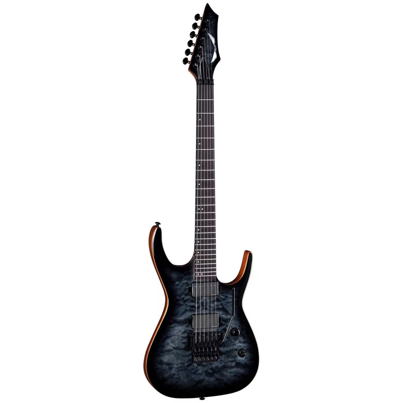 Black electric guitar with a quilted finish on a white background