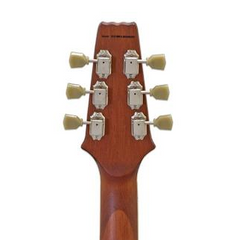 Close-up of a guitar headstock with tuning pegs on a white background