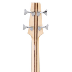 Close-up of a guitar neck with tuning pegs on a white background