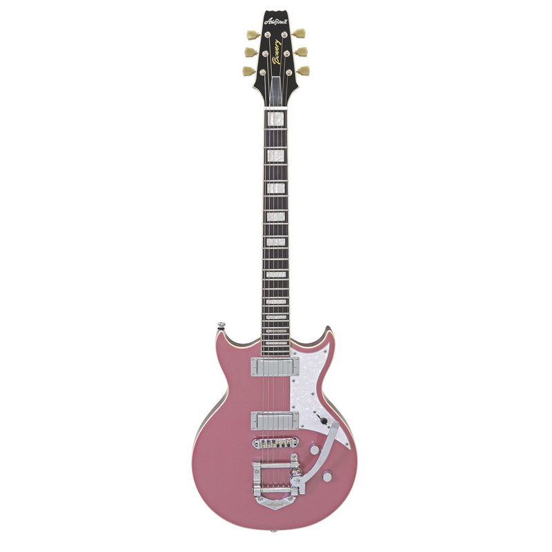 Pink electric guitar on a white background