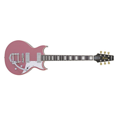 Pink electric guitar on a white background