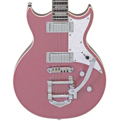 Pink electric guitar with silver hardware on a white background