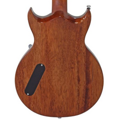 Close-up of a wooden electric guitar body on a white background