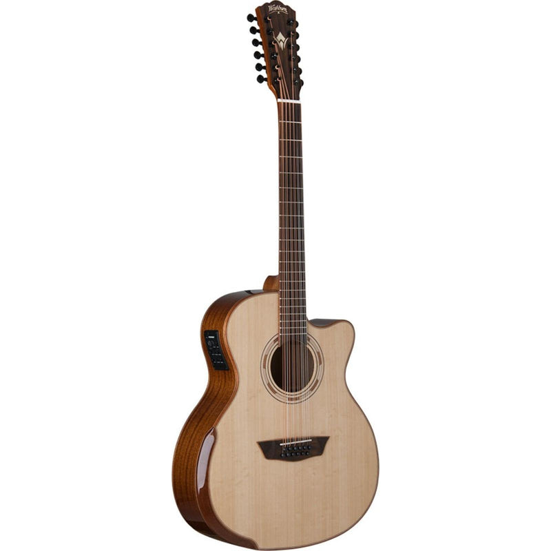 Acoustic guitar with a wooden body and neck on a white background